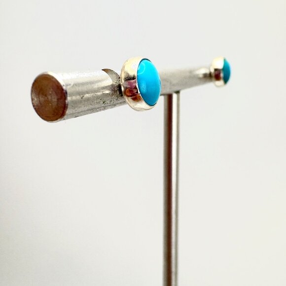 Sterling Silver 925 Blue Turquoise Stud Earrings 7mm Round - Picture 7 of 9